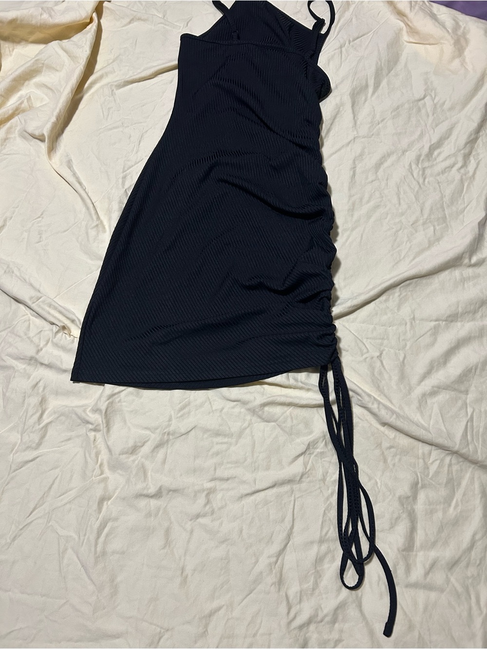 Black Ribbed Ruched Side Slip Dress